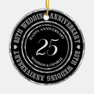 Silver Glitzer Text and Hearts Keramik Ornament