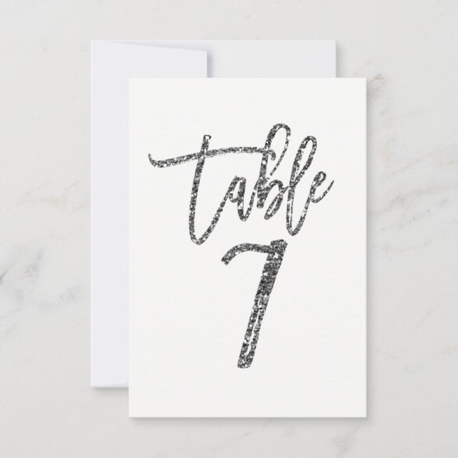 Silver Glitzer Trendy Moderne Script Tischnummer 7 (Vorderseite)