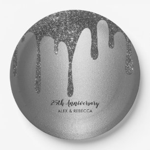 Silver Glitzer Tropfen 25. Hochzeitstag Pappteller