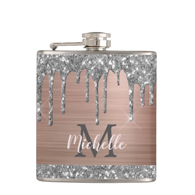 Silver Glitzer Tropfen auf Rosa Metal Mit Monogram Flachmann (Vorderseite)