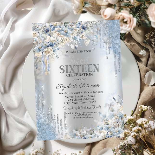 Silver Glitzer Tropfen Blue Blumen Sweet 16 Einladung (Von Creator hochgeladen)