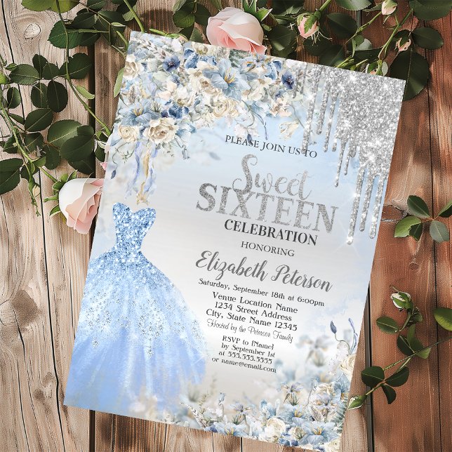 Silver Glitzer Tropfen, Blue Dress Blume Sweet 16 Einladung (Von Creator hochgeladen)