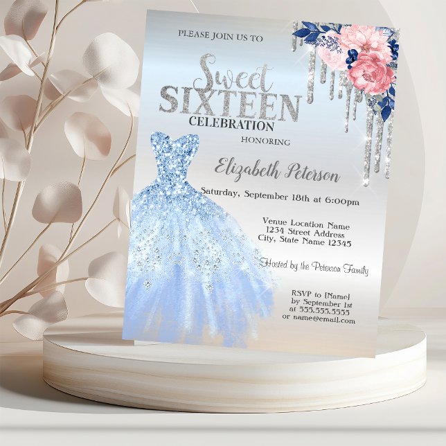 Silver Glitzer Tropfen, Blue Dress Blume Sweet 16 Einladung (Von Creator hochgeladen)