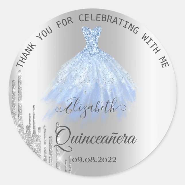 Silver Glitzer Tropfen Blue Dress Quinceañera Runder Aufkleber (Vorderseite)