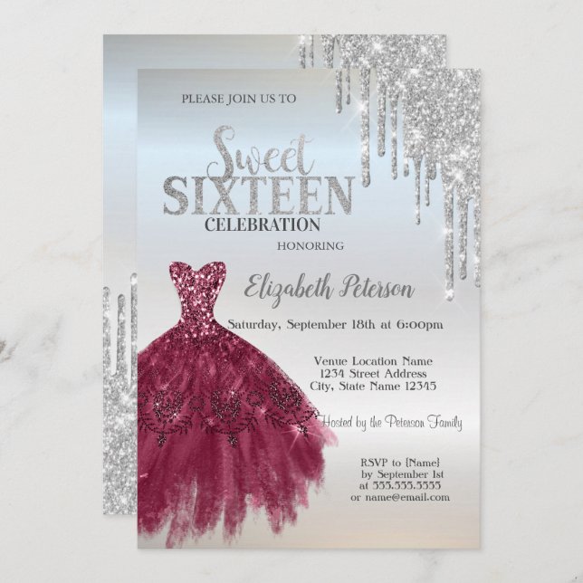 Silver Glitzer Tropfen, Burgundy Dress Sweet 16 Einladung (Vorne/Hinten)