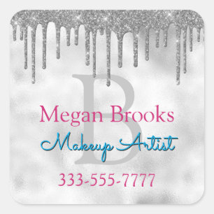 Silver Glitzer Tropfen, DIY Name, Monogramm Titel Quadratischer Aufkleber