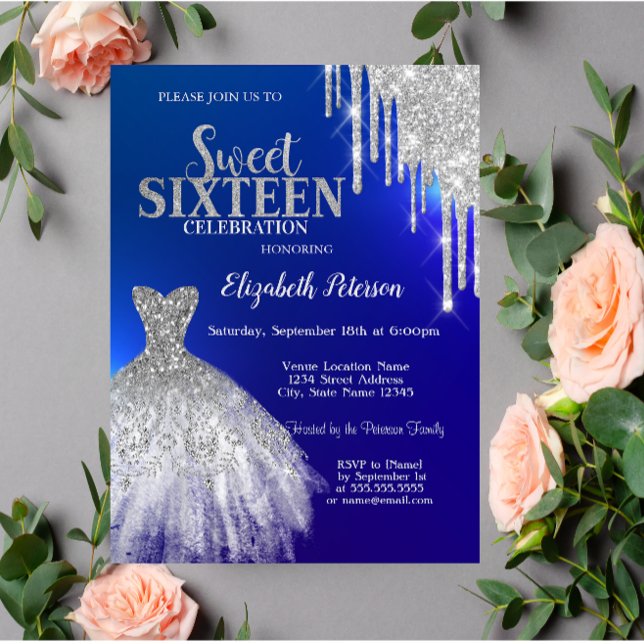 Silver Glitzer Tropfen, Dress Blue Sweet 16 Einladung (Von Creator hochgeladen)