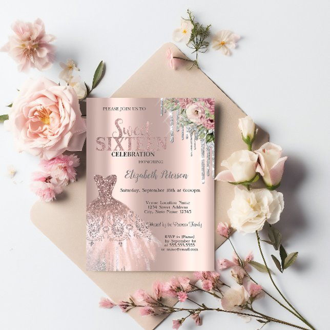 Silver Glitzer Tropfen, Dress Blume Sweet 16 Einladung (Von Creator hochgeladen)