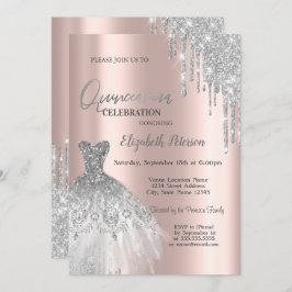Silver Glitzer Tropfen, Dress Rose Gold Quinceañer Einladung