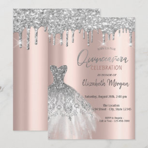 Silver Glitzer Tropfen, Dress Rose Gold Quinceañer Einladung