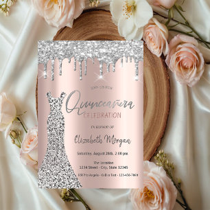 Silver Glitzer Tropfen, Dress Rose Gold Quinceañer Einladung