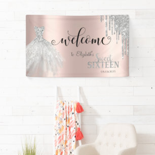 Silver Glitzer Tropfen, Dress Rose Gold Sweet 16 Banner