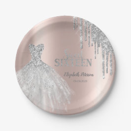 Silver Glitzer Tropfen, Dress Rose Gold Sweet 16 Pappteller