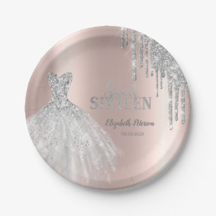 Silver Glitzer Tropfen, Dress Rose Gold Sweet 16 Pappteller