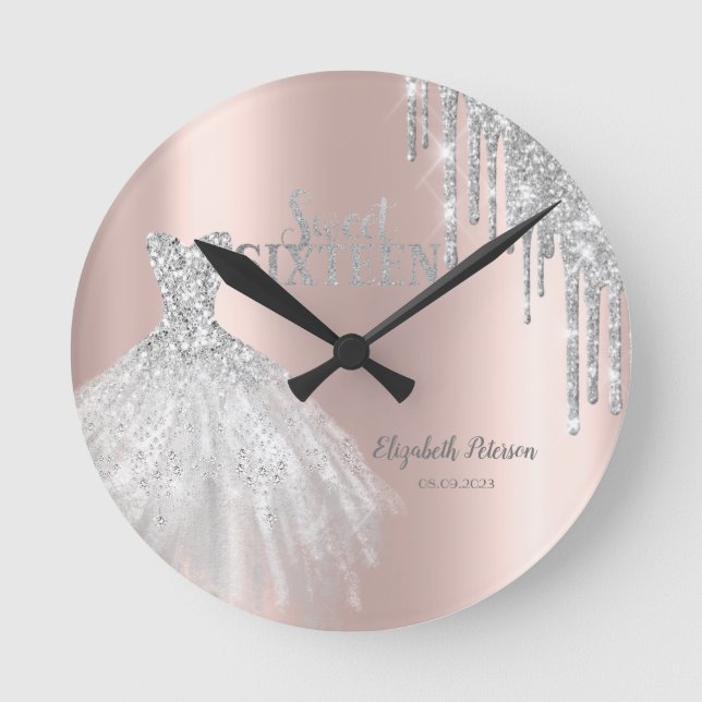 Silver Glitzer Tropfen, Dress Rose Gold Sweet 16 Runde Wanduhr (Vorderseite)