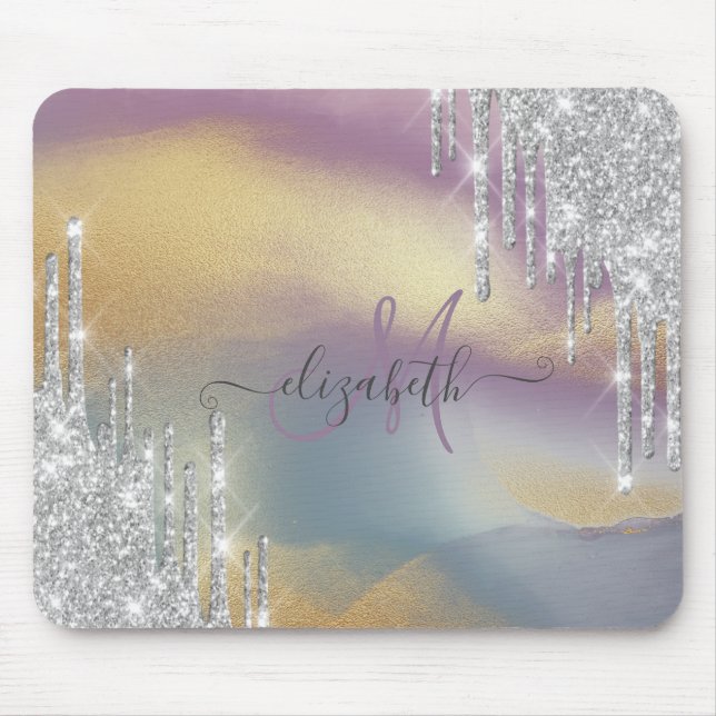 Silver Glitzer Tropfen Farbige Gold Monogramm Mousepad (Vorne)