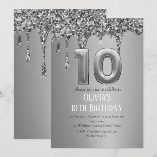 Silver Glitzer Tropfen Girl Girly 10. Geburtstag Einladung