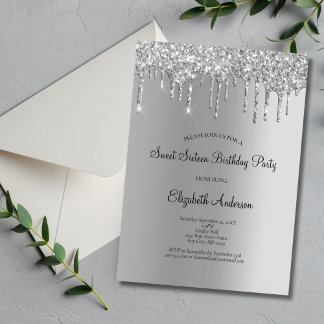 Silver Glitzer Tropfen Glam Sweet 16 Geburtstag Einladung