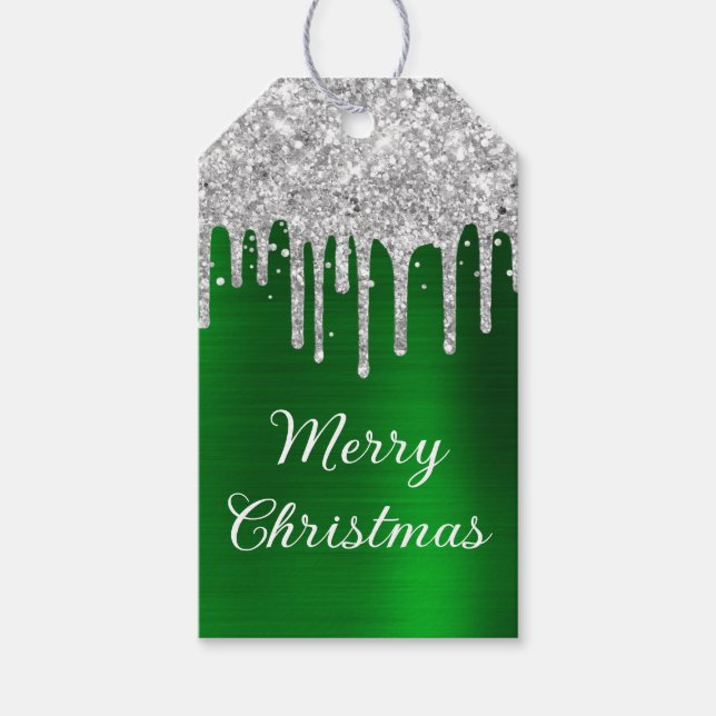 Silver Glitzer Tropfen Green Foil Frohe Weihnachte Geschenkanhänger (Vorderseite)