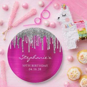 Silver Glitzer Tropfen Hot Pink Foil 50. Geburtsta Pappteller