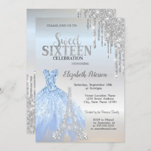 Silver Glitzer Tropfen, Kleid, Eiffelturm Sweet 16 Einladung