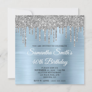 Silver Glitzer Tropfen Light Blue Foil 40. Geburts Einladung