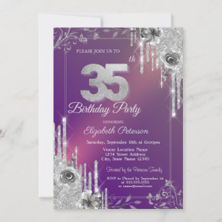 Silver Glitzer Tropfen Lila Rose 35. Geburtstag Einladung