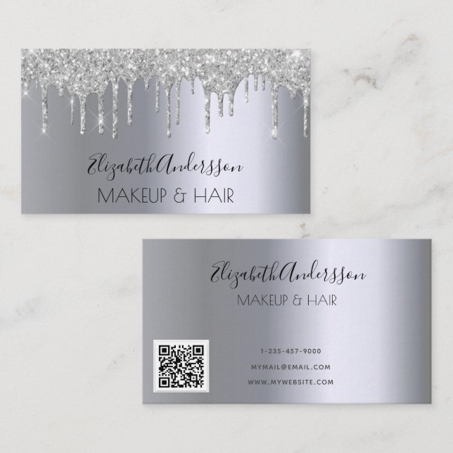 Silver Glitzer Tropfen Make-up Haar QR-Code Visitenkarte (Vorne/Hinten)