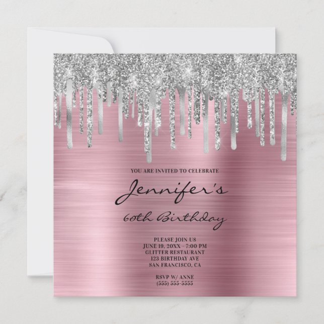 Silver Glitzer Tropfen Pink Foil 60. Geburtstag Einladung (Vorderseite)