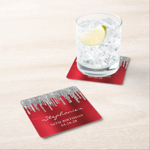 Silver Glitzer Tropfen Red Foil 50. Geburtstag Rechteckiger Pappuntersetzer
