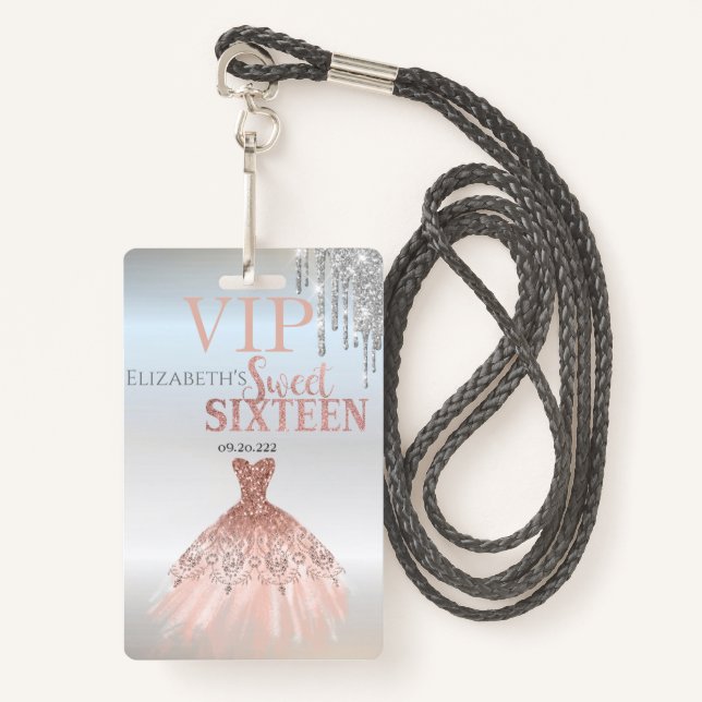 Silver Glitzer Tropfen, Rose Gold Dress Sweet 16 Ausweis (Vorderseite mit Schlüsselband)