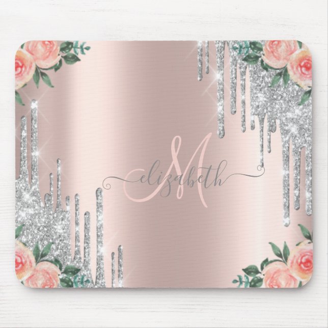 Silver Glitzer Tropfen Rose Gold Floral Monogramm Mousepad (Vorne)