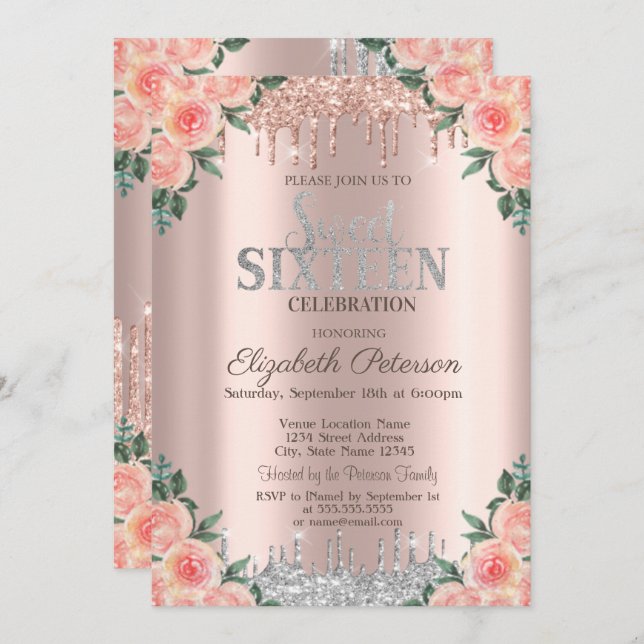 Silver Glitzer Tropfen Rose Gold Floral Sweet 16 Einladung (Vorne/Hinten)