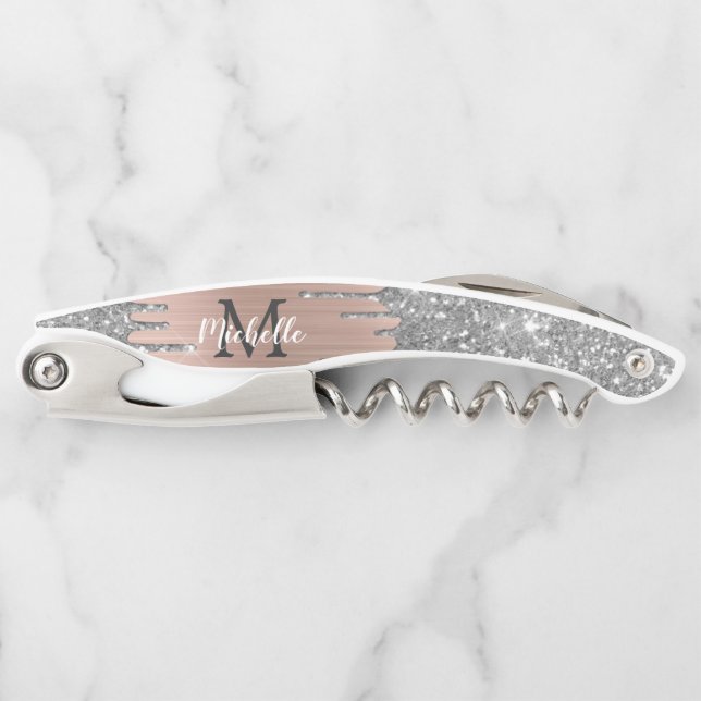 Silver Glitzer Tropfen Rose Gold Metalle Monogramm Kellnermesser (Vorderseite)
