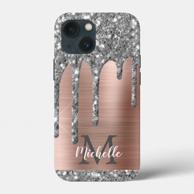 Silver Glitzer Tropfen Rose Gold Metallic Monogram Case-Mate iPhone Hülle (Rückseite)