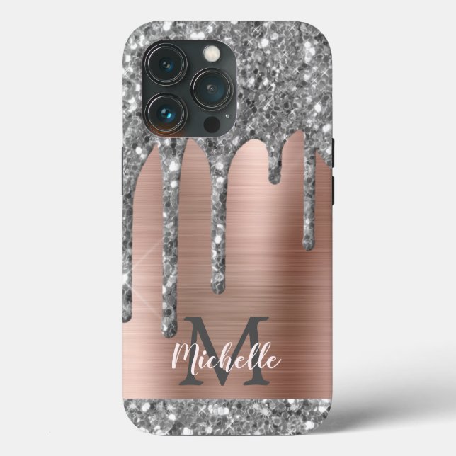 Silver Glitzer Tropfen Rose Gold Metallic Monogram Case-Mate iPhone Hülle (Rückseite)