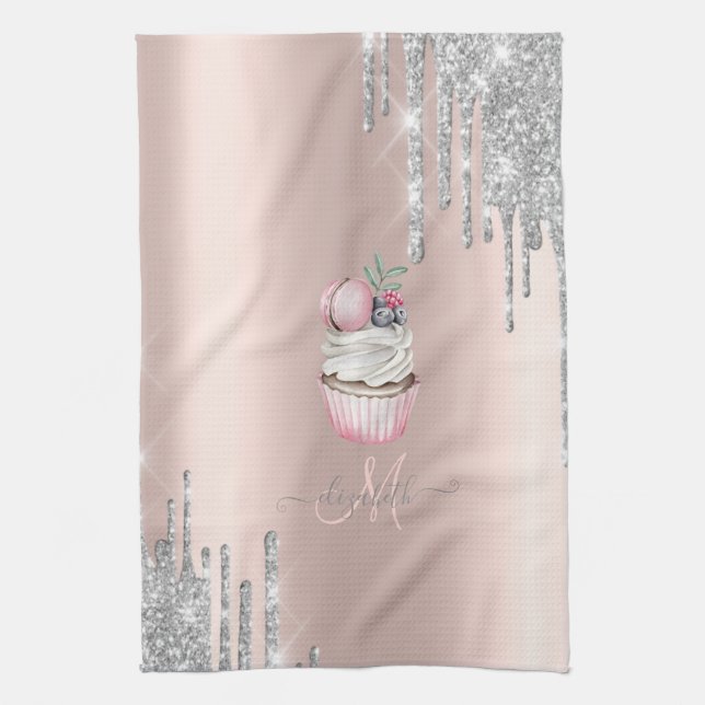 Silver Glitzer Tropfen Rose Gold Monogram Cupcake Geschirrtuch (Vertikal)