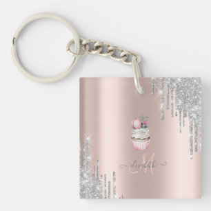 Silver Glitzer Tropfen Rose Gold Monogram Cupcake Schlüsselanhänger
