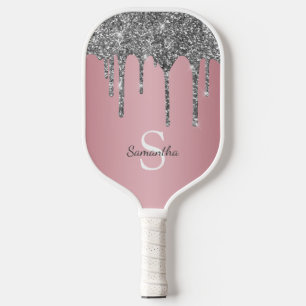 Silver Glitzer Tropfen Rose Gold Rosa Monogramm Na Pickleball Schläger