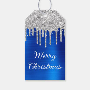 Silver Glitzer Tropfen Royal Blue Frohe Weihnachte Geschenkanhänger