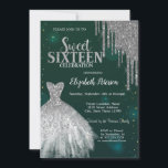 Silver Glitzer Tropfen, Silver Dress Green Sweet 1 Einladung<br><div class="desc">Elegantes silbernes Kleid und silberne Glitzer Tropfen auf grünem Hintergrund.</div>