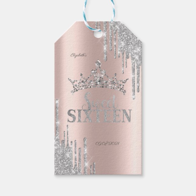 Silver Glitzer Tropfen Tiara Rose Gold Sweet 16 Geschenkanhänger (Vorderseite)