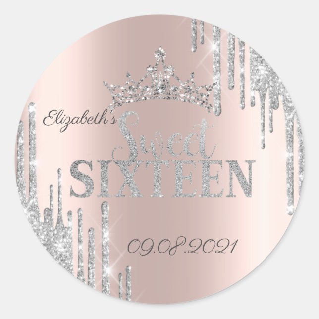 Silver Glitzer Tropfen Tiara Rose Gold Sweet 16 Runder Aufkleber (Vorderseite)