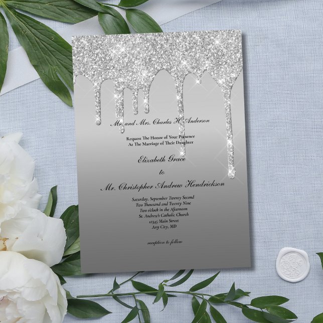 Silver Glitzer Tropfen Trendy Elegante Moderne Hoc Einladung (Silver Dripping Glitter Elegant Modern Glam Bling Wedding Invitation)