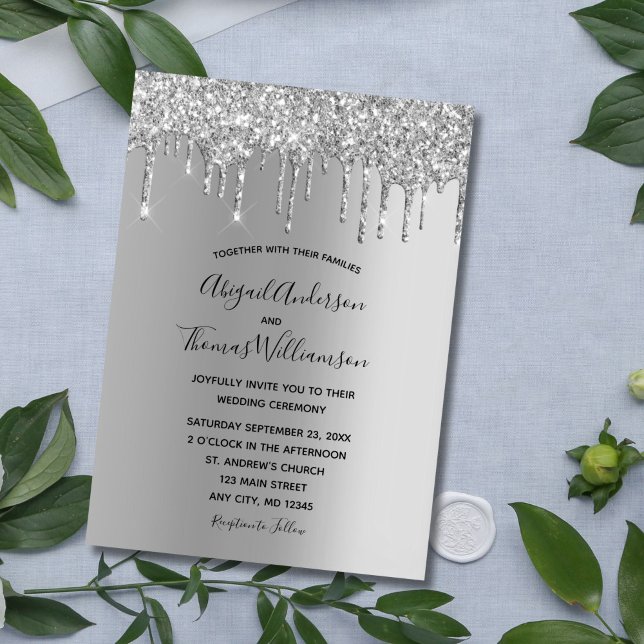 Silver Glitzer Tropfen Trendy Elegante Moderne Hoc Einladung (Elegant Silver Dripping Glitter Wedding invitation)
