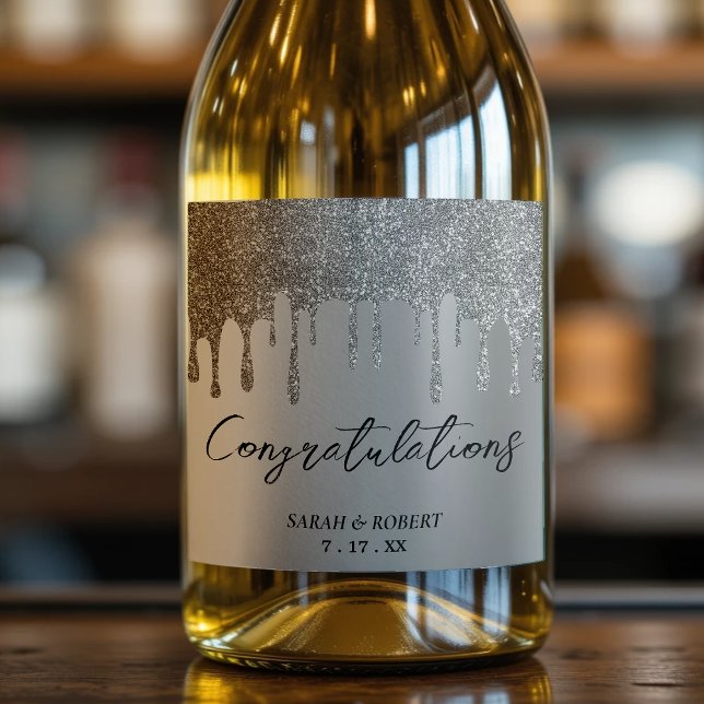 Silver Glitzer Tropfen Wedding (Silver Glitter Drip Wedding Sparkling Wine Label
)