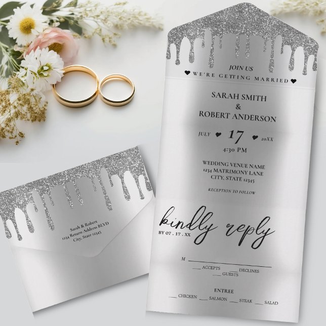 Silver Glitzer Tropfen Wedding All In One Einladung (Silver Glitter Drip Wedding All In One Invitation)