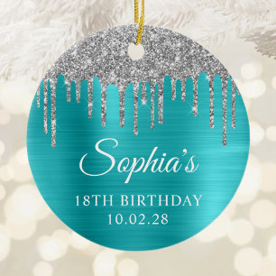 Silver Glitzer Tropfens Aqua Blue 18. Geburtstag F Keramik Ornament