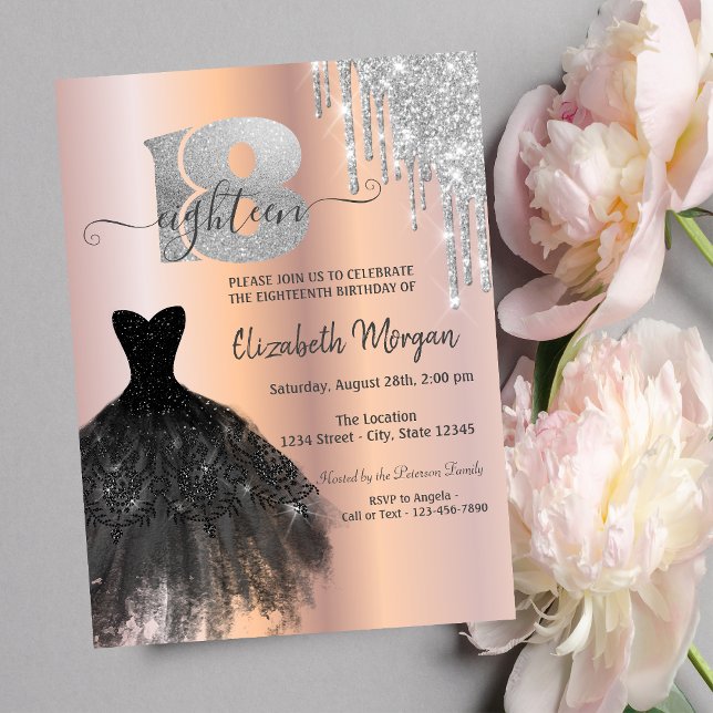 Silver Glitzer Tropfens Black Dress 18. Geburtstag Einladung (Von Creator hochgeladen)