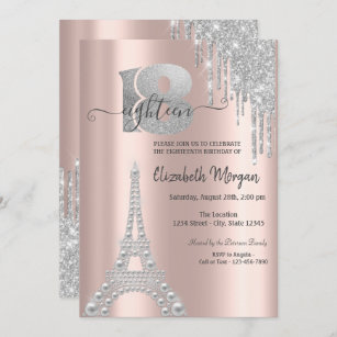 Silver Glitzer Tropfens Eiffelturm 18. Geburtstag Einladung